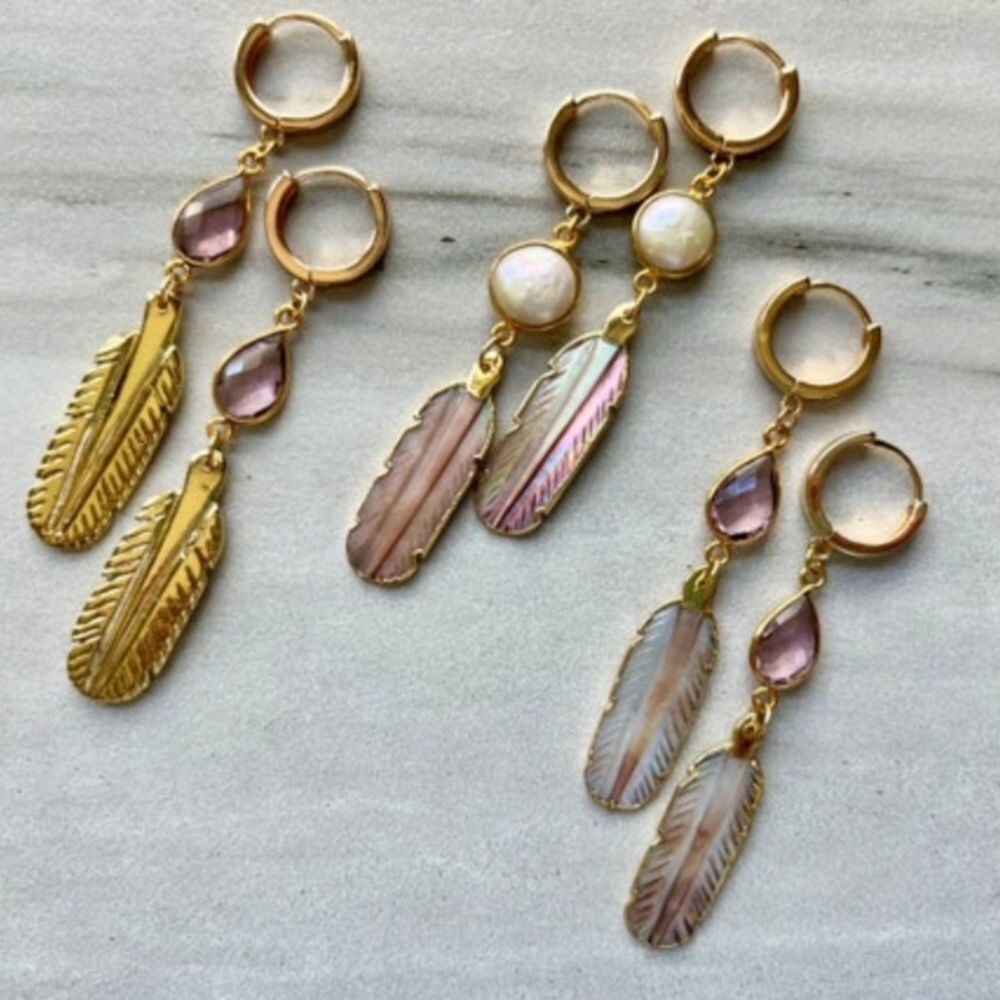 Carved Feather Morganite Pearl Huggie Earrings